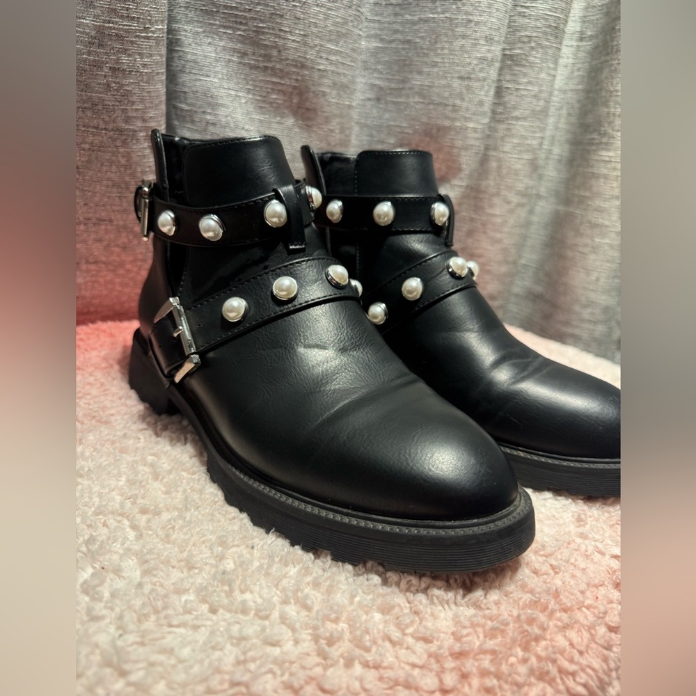 Black Pearl-Studded Ankle Boots